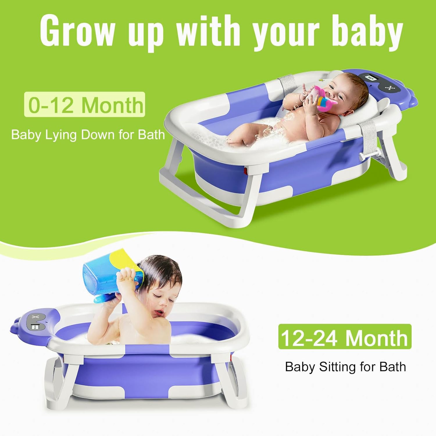 Baby Bathtub, Collapsible Baby Bathtub with Thermometer, Portable Travel Baby Bath Tub, Newborn to Toddler Baby Tub with Floating Soft Cushion, Suitable for Infants 0-36 Months (Blue)
