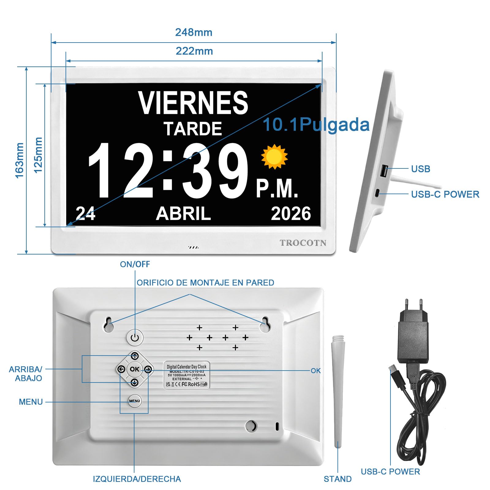 TROCOTN Reloj Digital Grande para Personas Mayores - Calendario Con Alarmas Personalizadas, de Pared Con Día y Fecha, Despertador, de Escritorio (10 Pulgadas, Blanco)