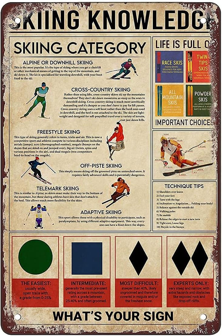 rayprint Skiing Knowledge Metal Signs Club Decor Skiing Category Science Guide Tin Poster Learning Plaque Home Room Wall Decorationes 8x12inch