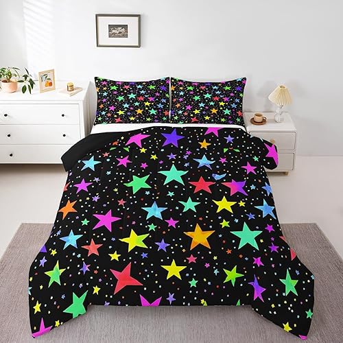 Erosebridal Juego de ropa de cama Kawaii con estrellas con purpurina, diseño psicodélico de estrellas brillantes y arco iris, juego de ropa de cama