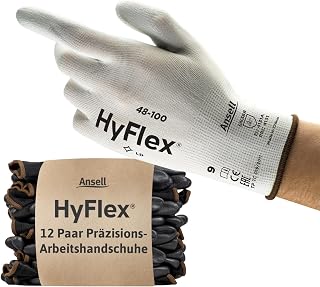Ansell HyFlex 48-100 Dünne Arbeitshandschuhe mit PU Beschichtung, Leichte Schutzhandschuhe für Präzises Arbeiten, Heimwerk, Montage, Handschuhe Herren Damen, Weiß, Größe S (12 Paar)