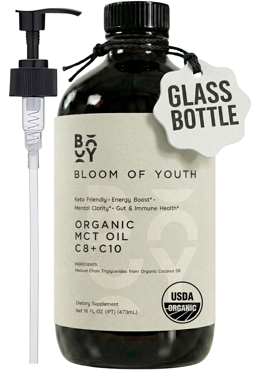 Bloom of Youth Pure MCT oil C8 + C10 | Glass Bottle 16oz - From 100% Organic Coconuts USDA Organic - Lab Tested for Quality and Purity - Keto Supplement for Brain & Body | Add to Coffee or Shakes