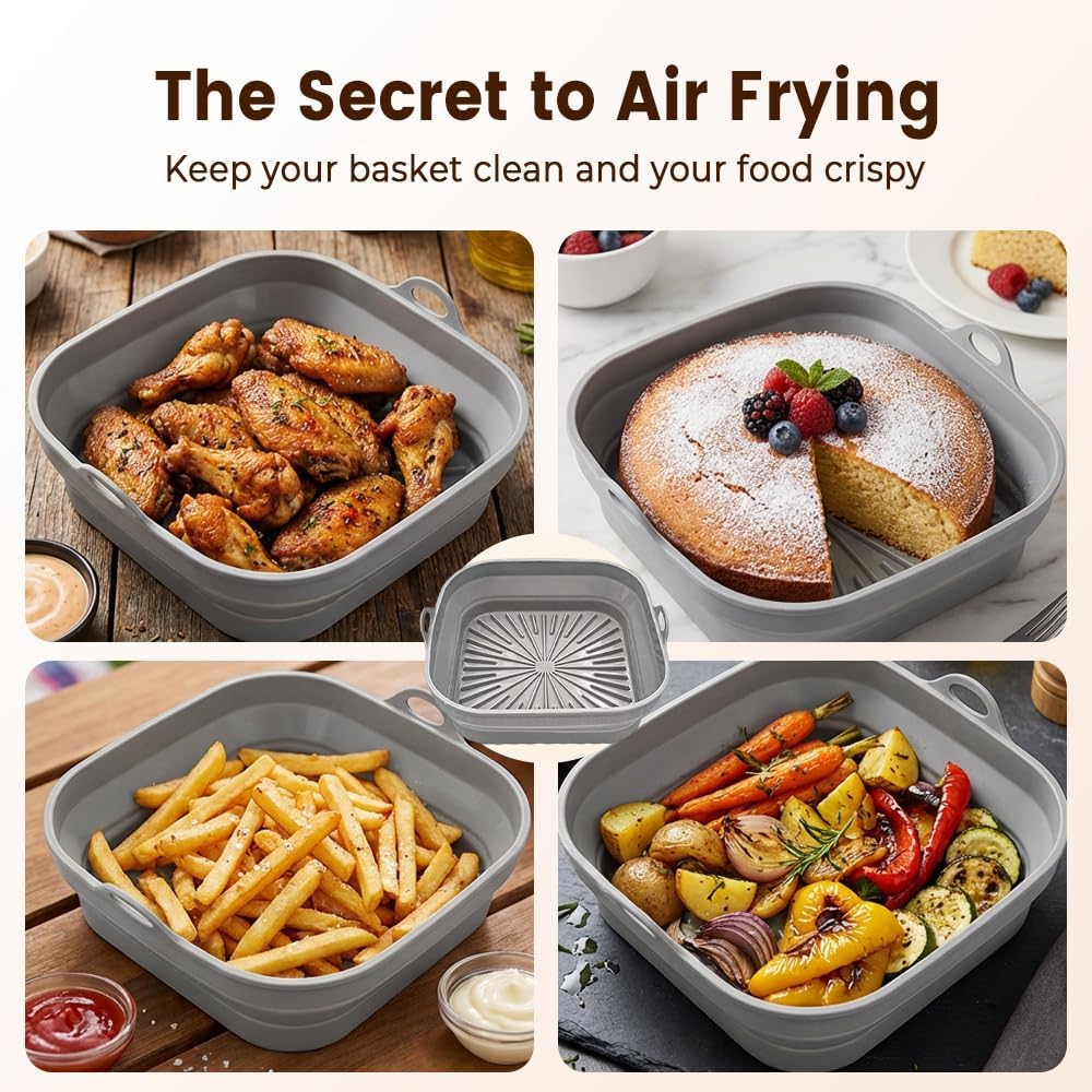Air Fryer Silicone Grill Pan, 2026 New Reusable Silicone Air Fryer Basket Liners Heatproof Air Fryer Pot for Kitchen (Gray, 1 PCS)
