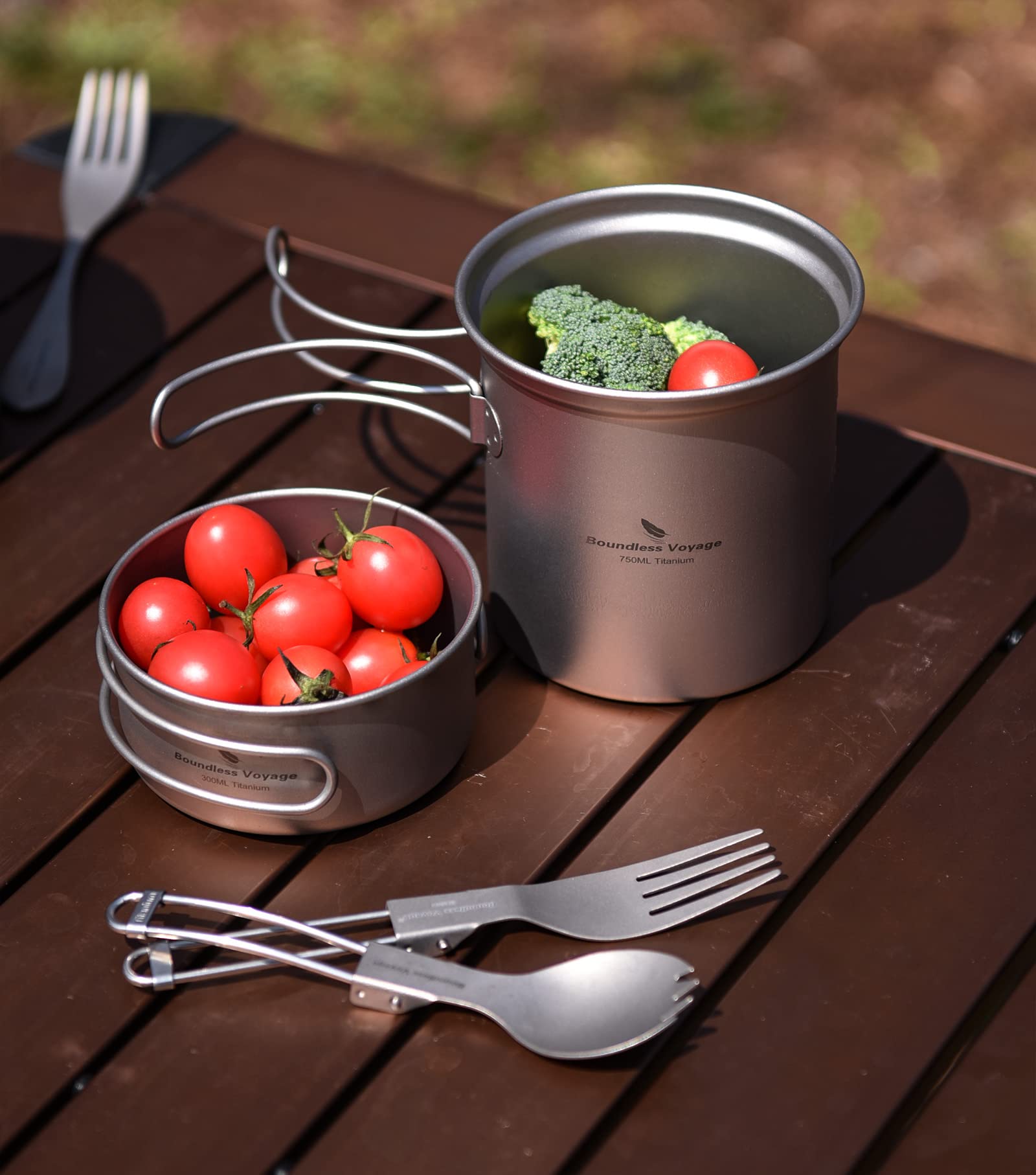 iBasingo Titan Töpf Pfanne Set Camping Kochgeschirr Leichte Outdoor Schüssel Set Koch Mess Kit mit Klappgriff Küchen Utensilien für den Außenbereich 2 Stücke/Set