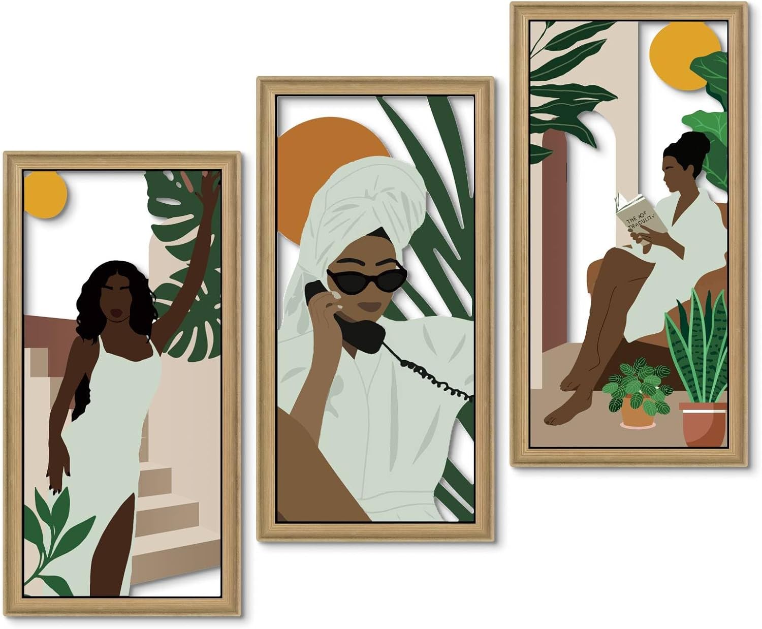 Putuo Decor 3Pcs Black Girl Wall Art, African American Artwork Framed Bathroom Wall Decor for Fashion Women Lady Girl, Boho Abstract Prints for Living Room Bedroom Bathroom,16.5 x 8.6 inch