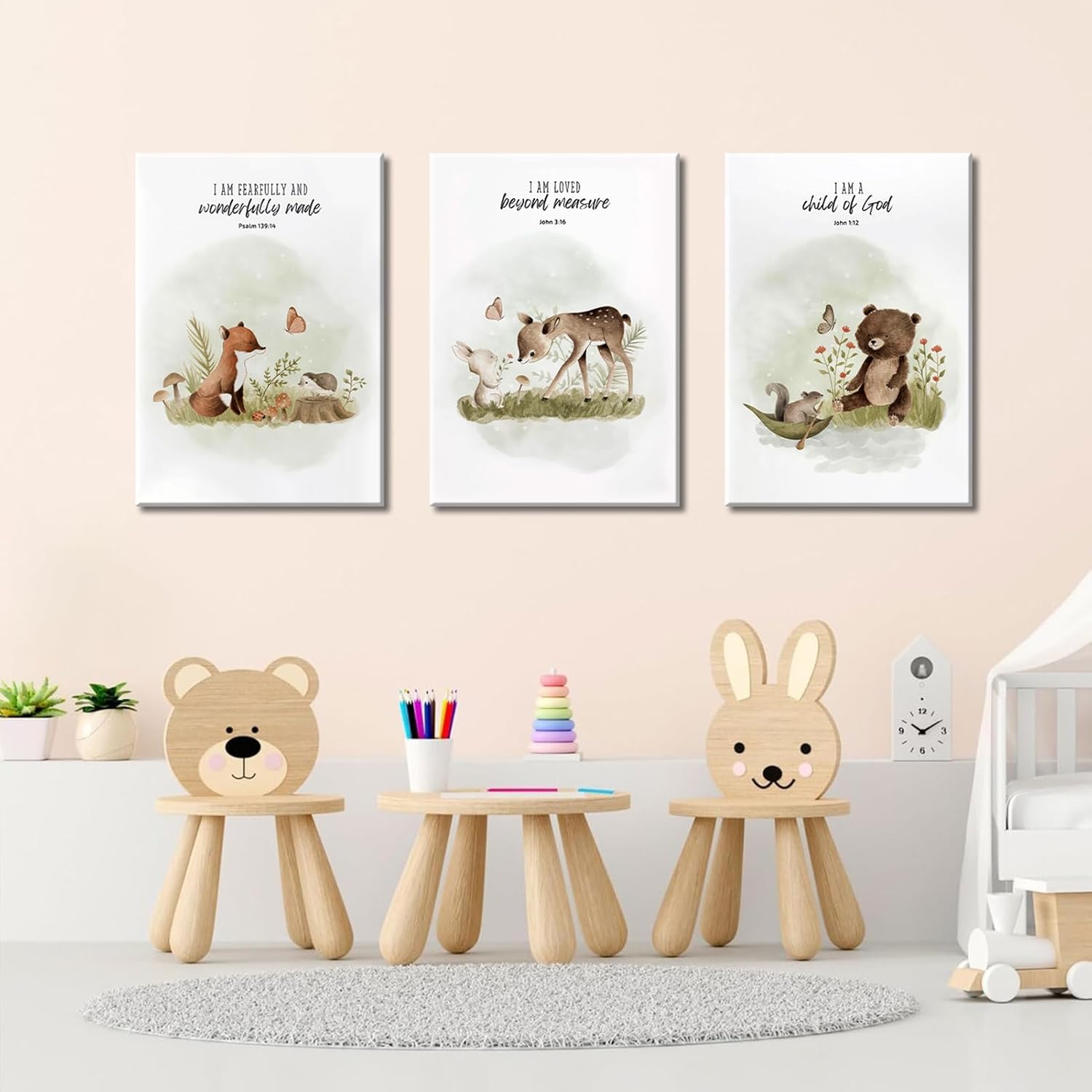 3Pcs Christian Nursery Animal Canvas Wall Art Bible Verse Wall Decor Pictures Religious Watercolor Cute Baby Animals Posters Prints for Kids Boys Girls Room Home Decoration 12x16in