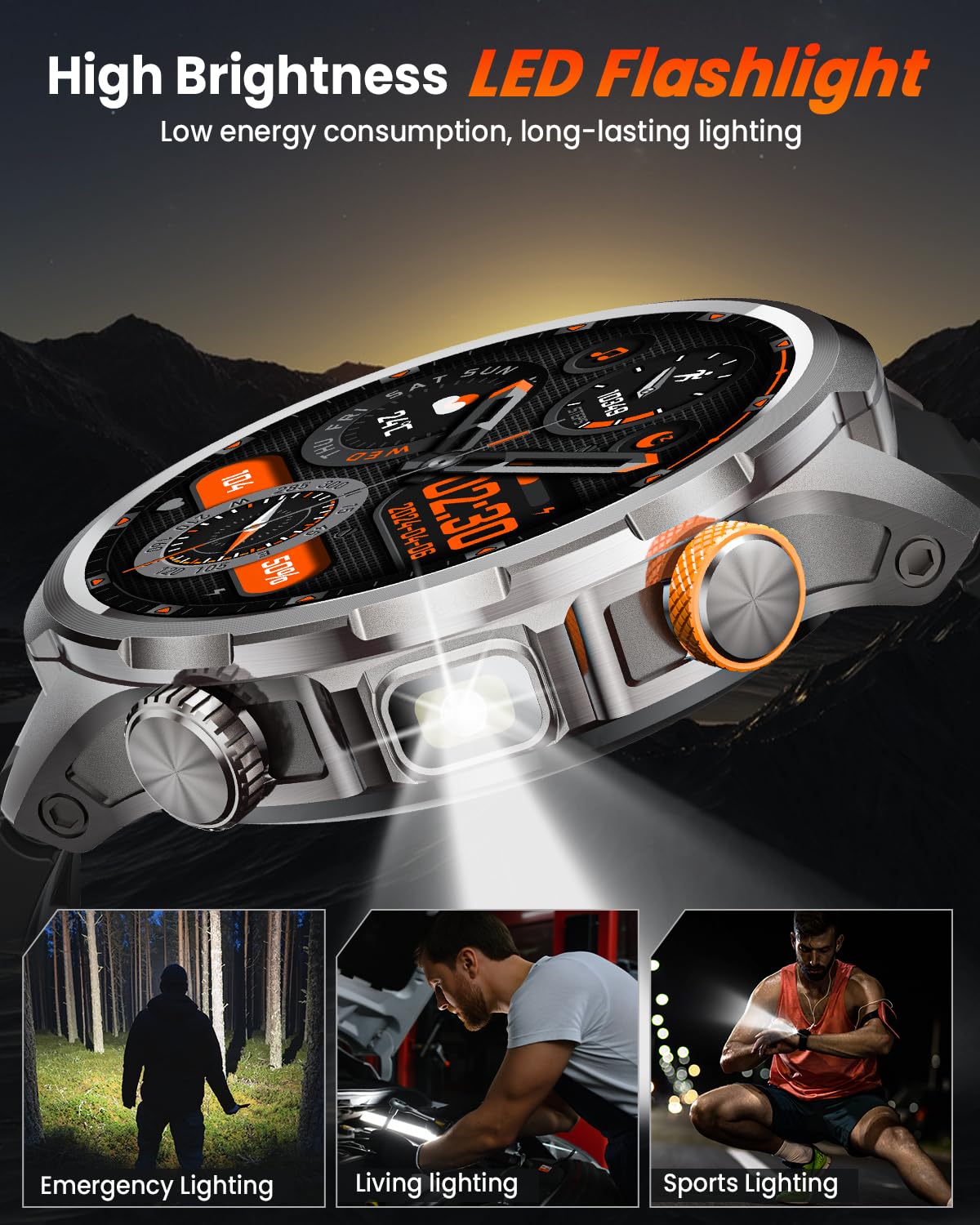 Smartwatch Uomo Militare con 1000mAh/Torcia LED/5ATM, 1,91" AMOLED Smartwatch Fitness con Chiamate/110+ Modalità Sportive/24H Cardiofrequenzimetro/SpO2/Sonno/Notifiche Messaggi Android iOS Arancione