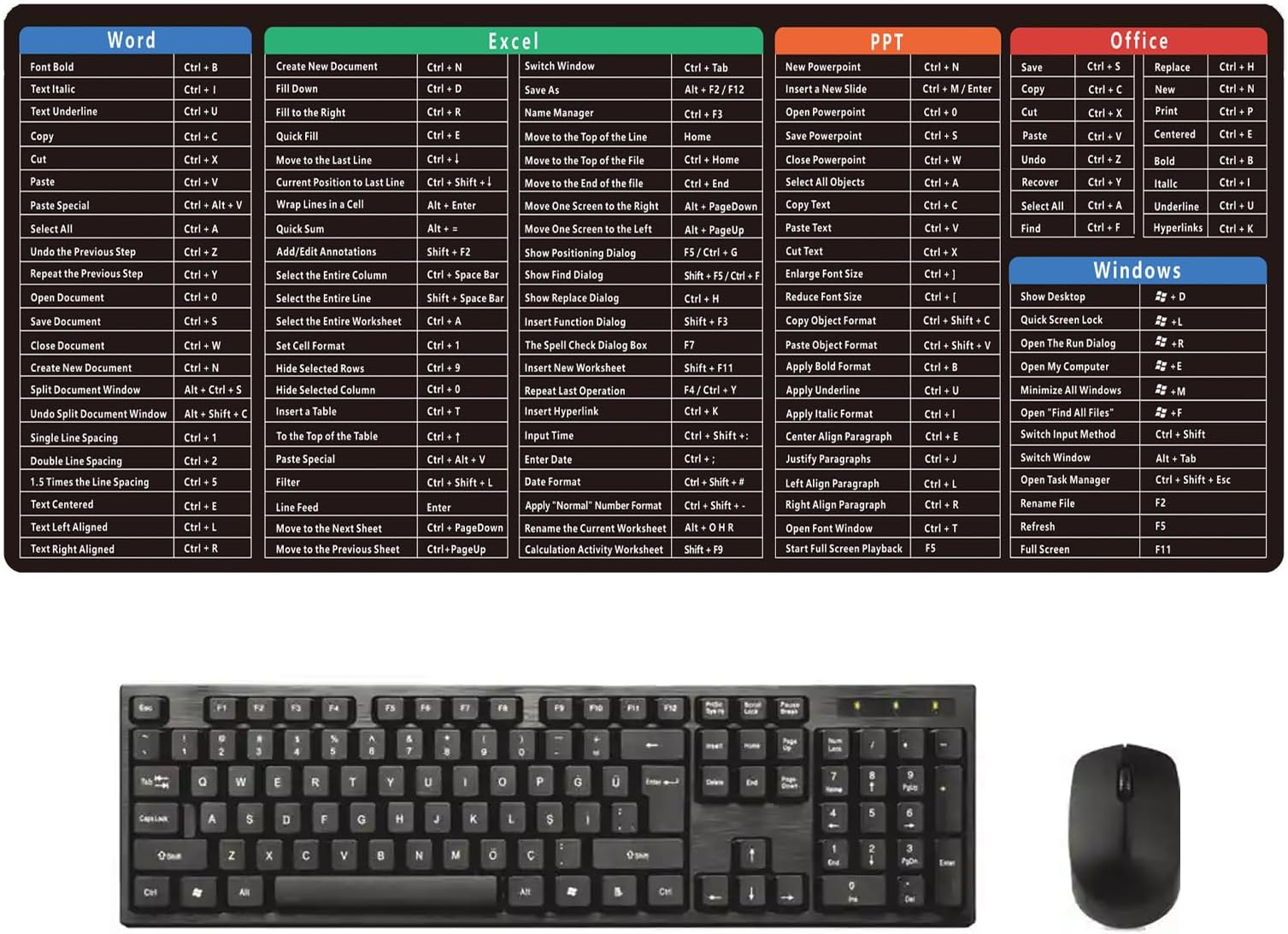 Generic Excel Shortcuts Mouse Mat - 300x800mm Large Extended Keyboard Desk Mat with Anti-Slip Rubber Base and Easy-to-Clean Plastic/Vinyl Surface in Black for Computer Laptop Home Office Gaming