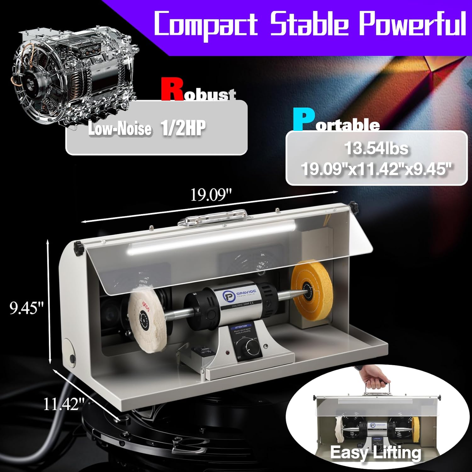Jewelry Polisher - Adjustable Variable Speed Bench Buffer Polishing & Buffing Machine, Dental Buffer & Lathe - With Dust Collector Hood, Working Light & Filter for Jewelry, Silver and Metal Polishing