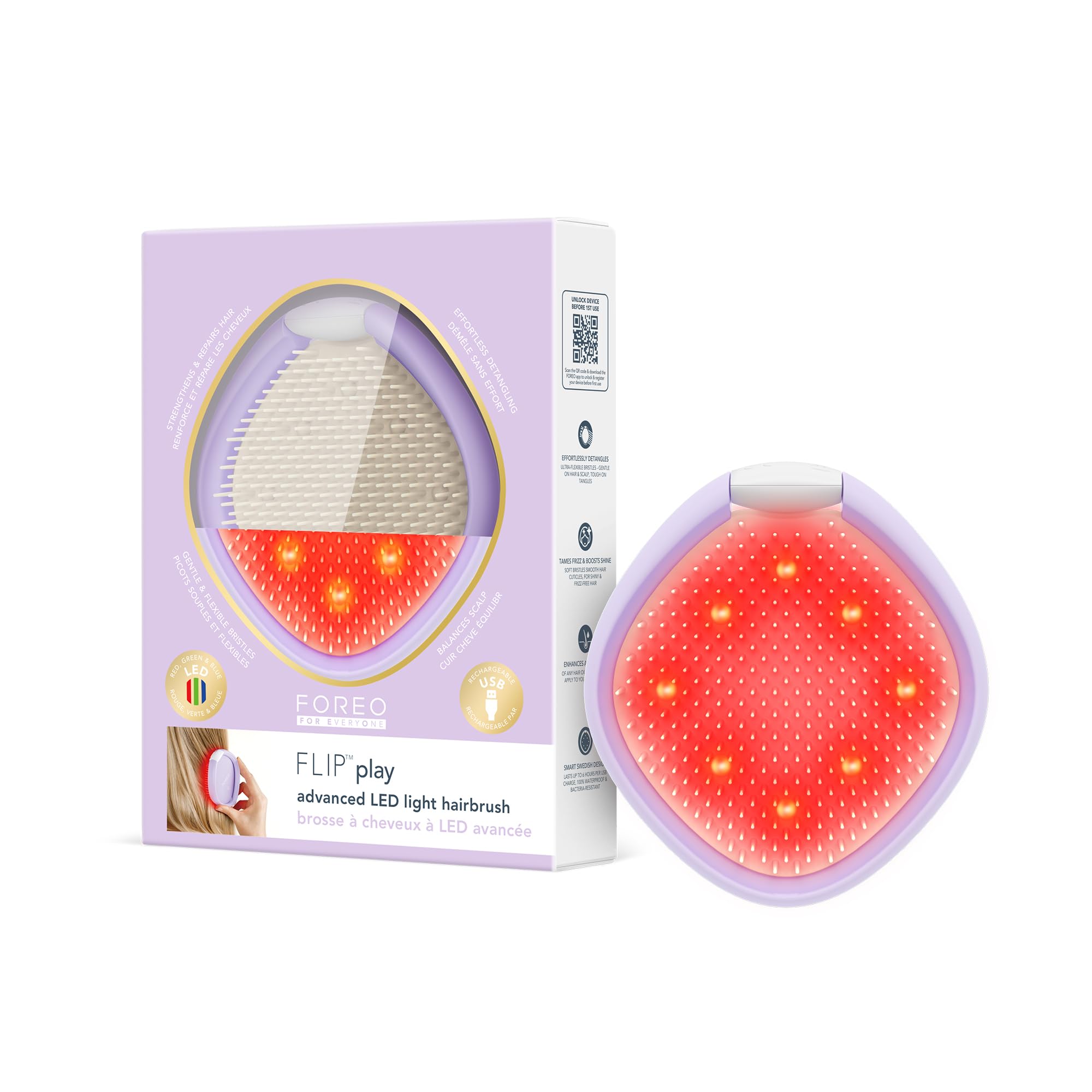 FOREO FLIP Play Advanced LED Light Hairbrush - Multi-Functional 3-in-1 Hair & Scalp Tool with Red, Blue & Green Light Modes – Designed to Support Scalp and Hair Appearance - I Lilac You!
