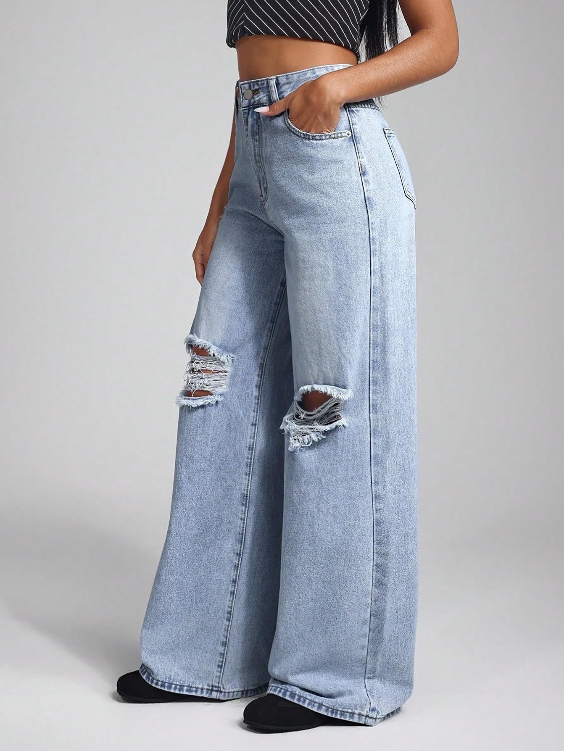 Baggy Jeans Women, High Waist Slant Pocket Ripped Wide Leg Jeans