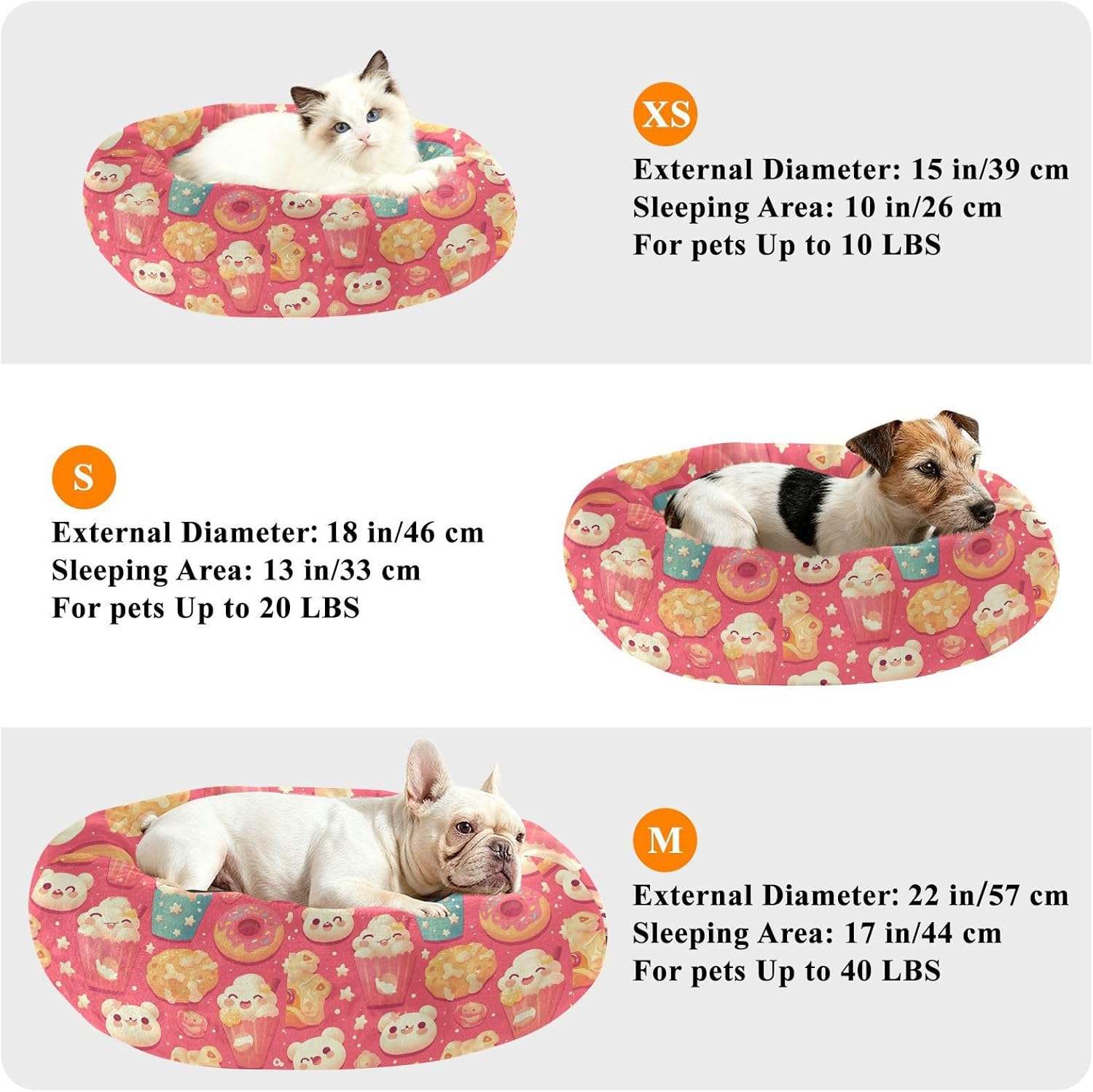 Wudan Pet Cat Bed Calming Anti Anxiety Fluffy Dog Pillow Bed for Medium Size Pets Supplies M Kawaii-Style Cartoon Popcorn with Donut Pink