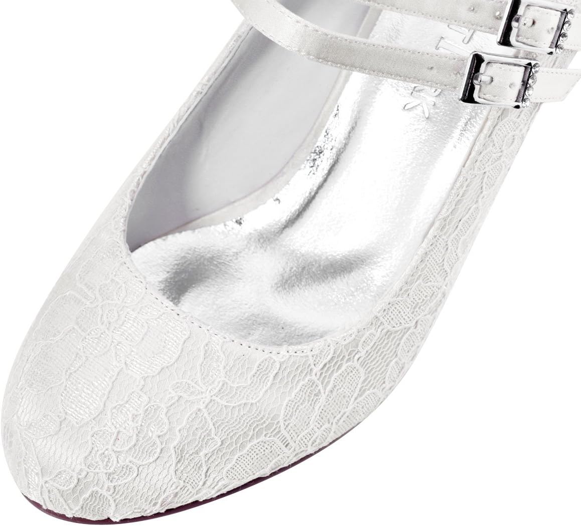 ElegantPark HC1808 Women Cross Ankle Strap Pumps Chunky Heel Closed Toe Satin Bridal Wedding Shoes Ivory US