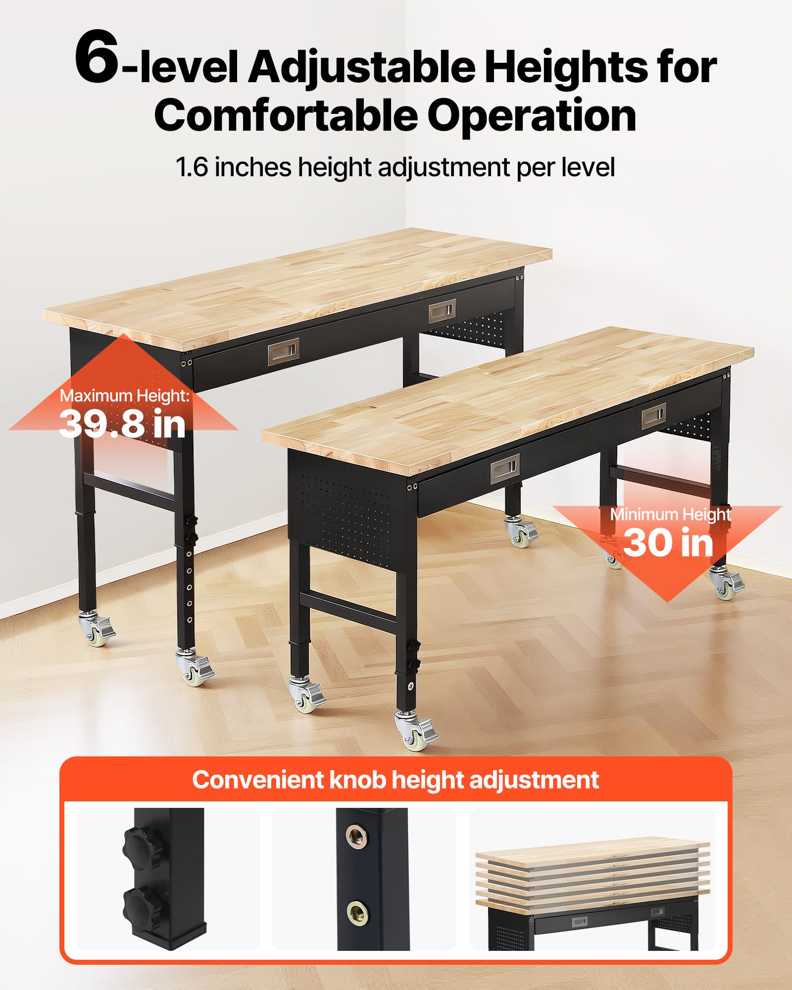 VEVOR Banco de Trabajo con Cajón 152,4 x 61 cm, Mesa de Taller Altura Ajustable de 6 Niveles de 76-101 cm, Carga de 680 kg, Mesa de Madera Marco de Metal con Ruedas para Oficina, Garaje, Taller