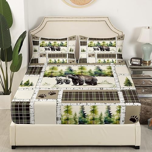 Miniatura 36 de Erosebridal Sábanas rústicas de oso para decoración de cabaña, camping, sábana bajera ajustable de ciervos de caza para cabaña, juego de ropa