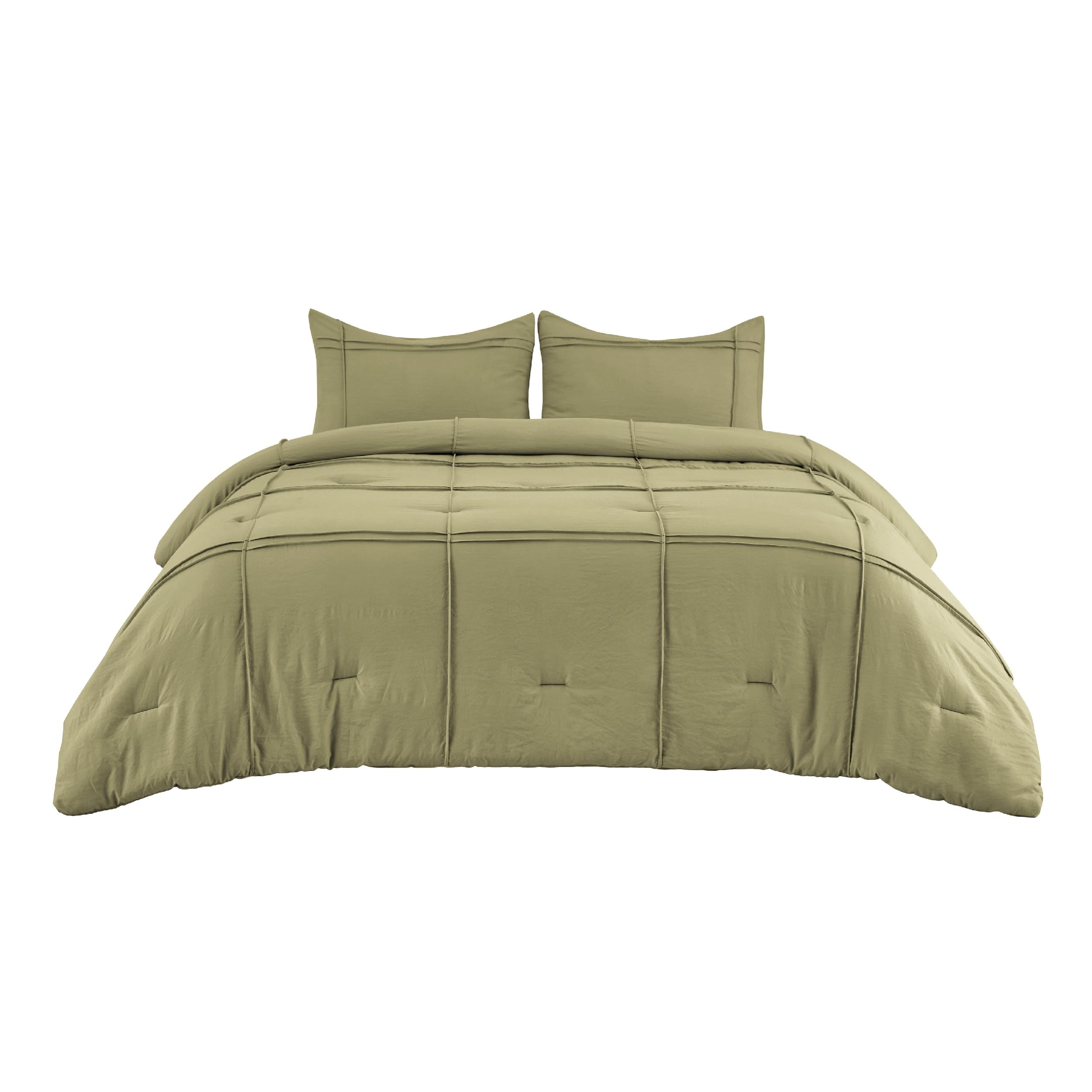 Bedsure Queen Comforter Set with Sheet - 4 Pieces Soft Olive Green Bedding, Grid Pinch Pleat, All Season Lightweight Fluffy Bed Set with Solid Boho Comforter, Pillowcases & Sheet