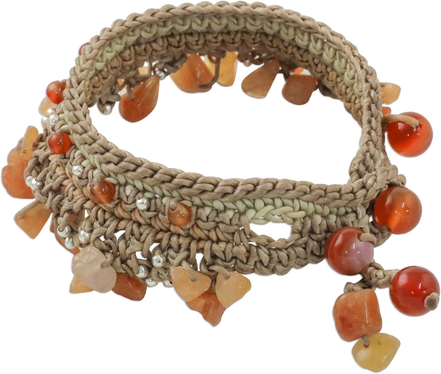 NOVICA Handmade Carnelian Beaded Bracelet in Thailand Silver Plated Orange Wristband Birthstone [7 in min L x 7.75 in max L x 1 in W] 'Cozy Bohemian'