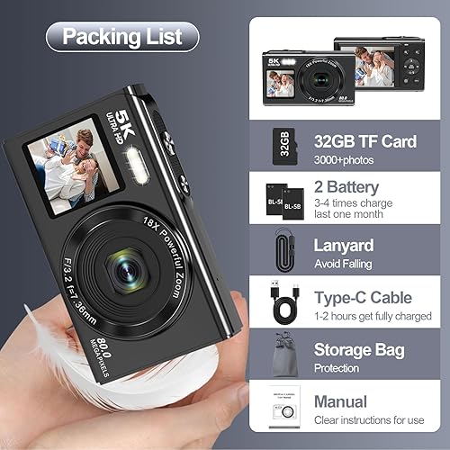 Miniatura 8 de Cámara digital 5K 80MP con zoom digital y flash de 18X, cámara de video de doble pantalla para YouTube con tarjeta TF de 32 GB y 2 baterías, cámara