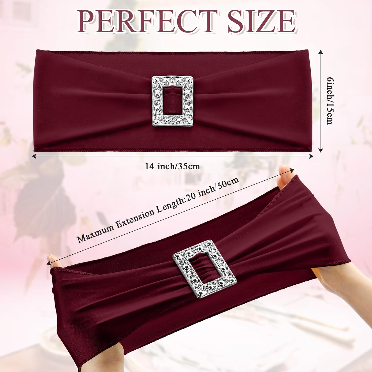 VitalCozy 100 Pcs Spandex Chair Sashes with Square Buckle Slider Stretch Chair Cover Band Universal Elastic Ties Straps Bows for Wedding Banquet Event Party Decoration(Burgundy)