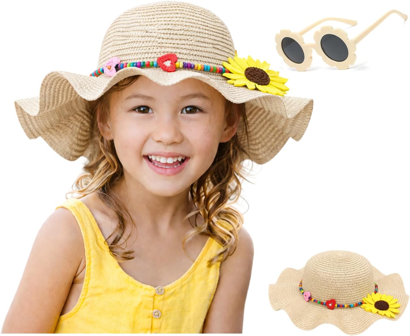 Baby Infant Toddler Girl Straw Hat - Bowknot Bucket Beach Sun Hat with Sunglasses - Kids Sun Protection