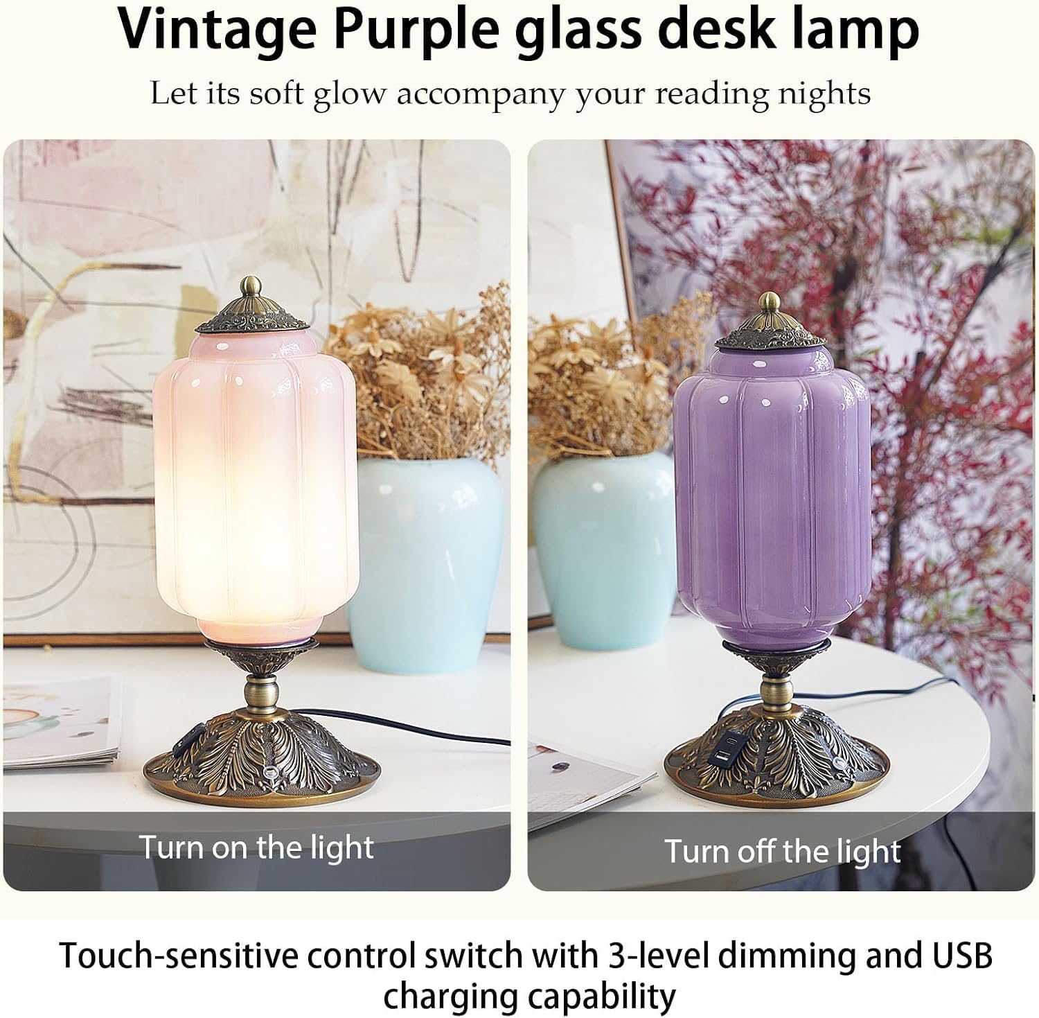 Lampa stołowa w stylu vintage szklana z regulacją jasności dotykową z portami ładowania USB A+C 3 temperatury barwowe retro lampa nocna, styl rustykalny lampa do sypialni, lampa dekoracyjna