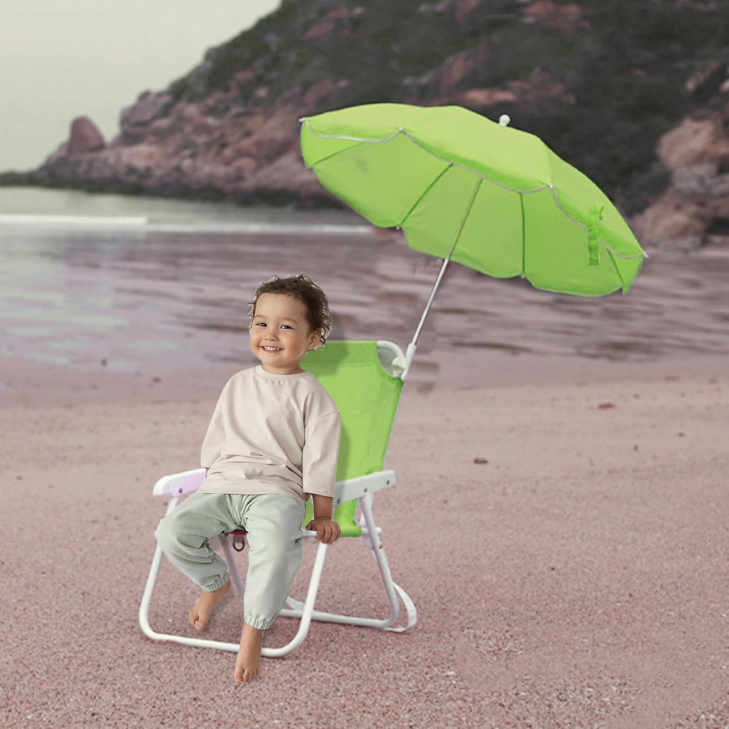 Kids Beach Chair with Umbrella Foldable & Detachable Beach Chair with Canopy, Lightweight and Sturdy Outdoor Seat for Camping, Travel, Lawn, Green.
