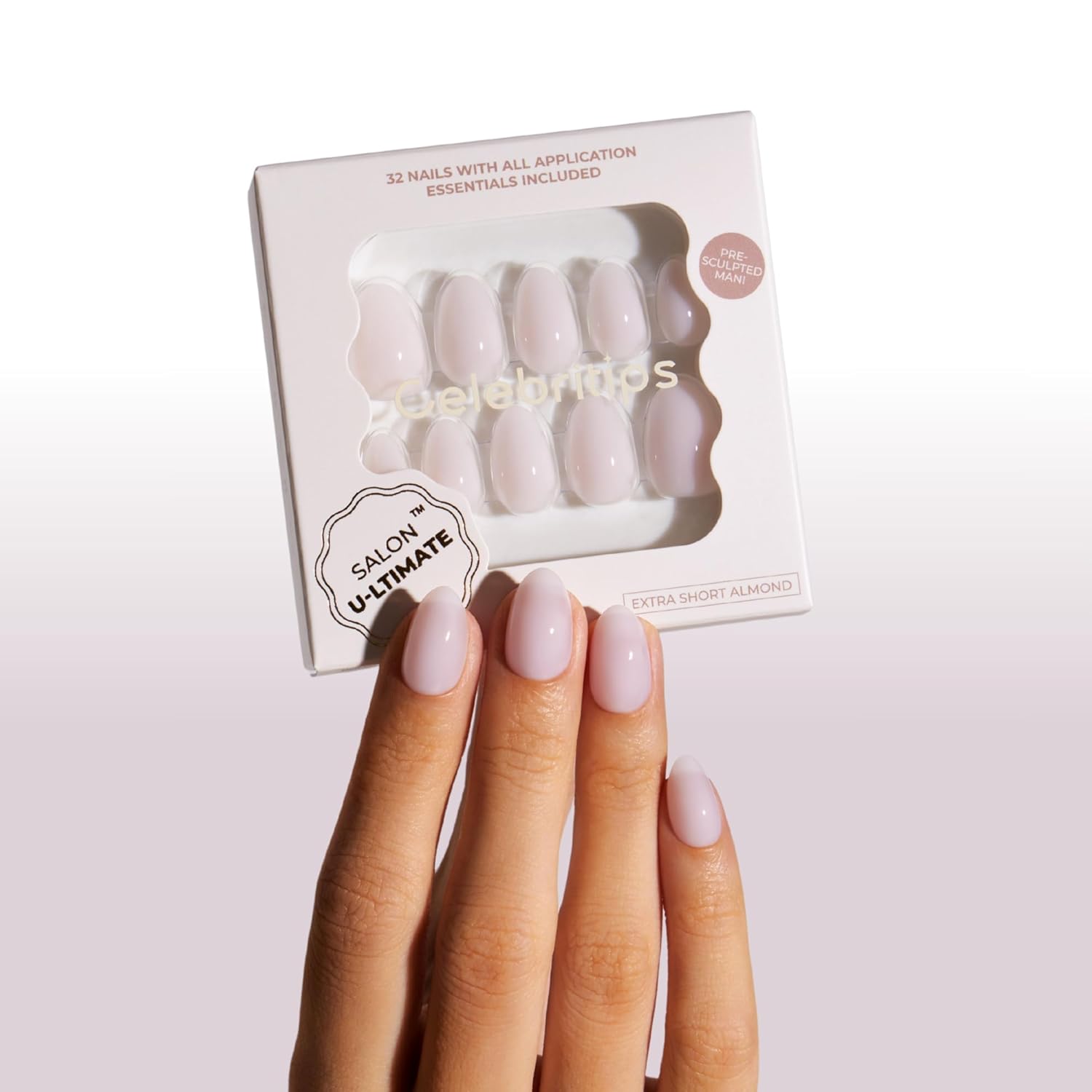 Celebritips Press On Nails - Salon U-ltimate™ | Ballerina, Extra Short Almond Nails, Reusable | 16 sizes - 32 Nails Kit with Glue and Sticky Tabs