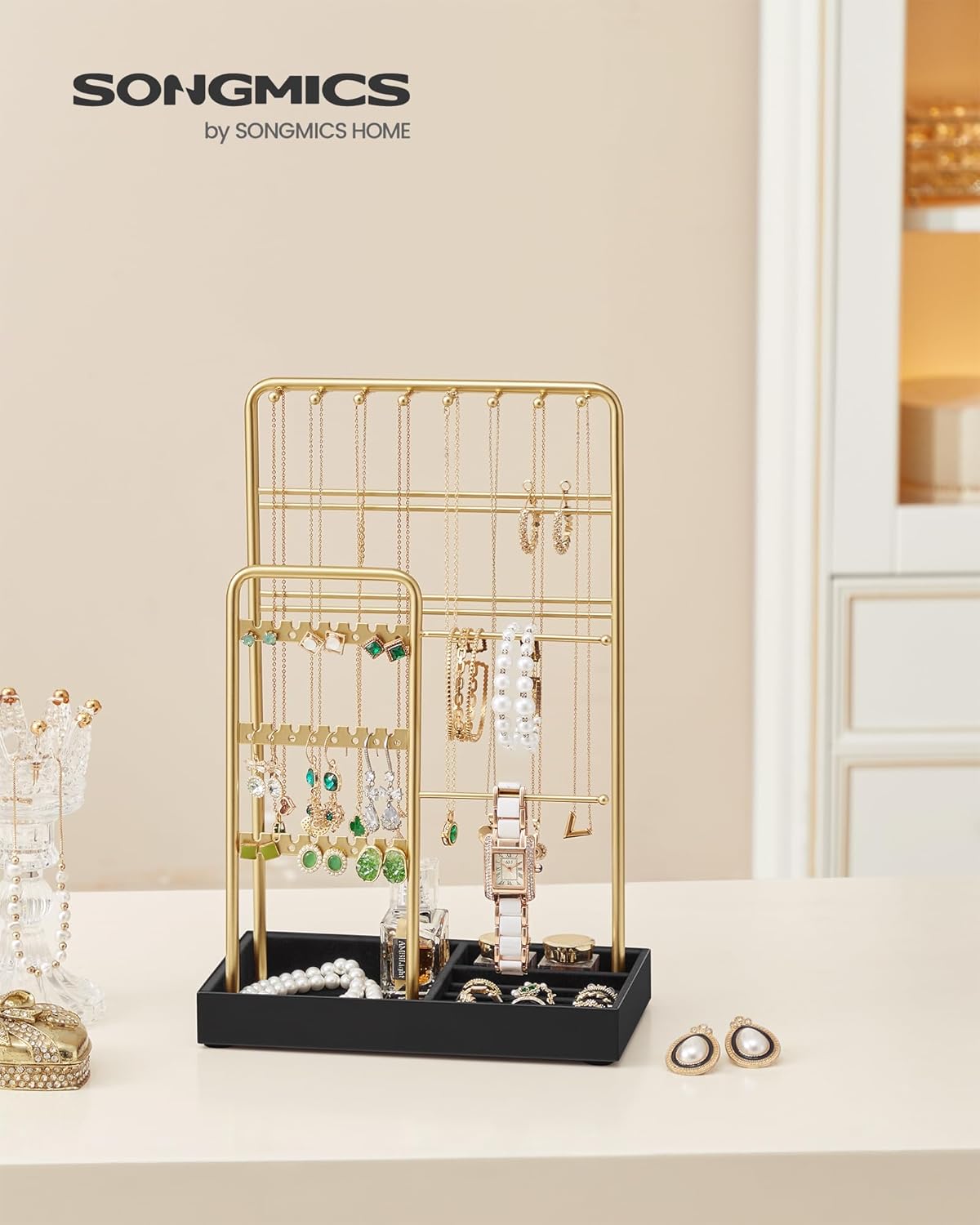 SONGMICS Jewelry Holder, Jewelry Organizer Display Stand with Metal Frame, Velvet Tray, Necklace Earring Bracelet Holder, for Studs, Rings, Gift Idea, Pale Gold and Ink Black UJJS021AB02 1 Pack Pale Gold + Ink Black