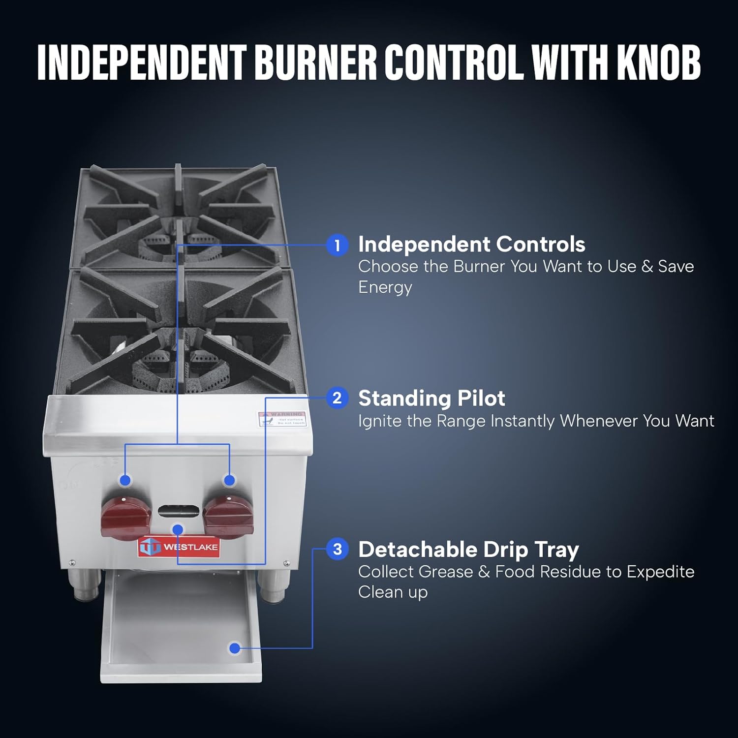 WESTLAKE Commercial Countertop Gas Range, 2 Burners Natural Gas and Propane Stove with 50,000 BTU, 12" W Countertop Cooking Stove Range Commercial Stainless Steel Gas Hot Plate for Restaurant