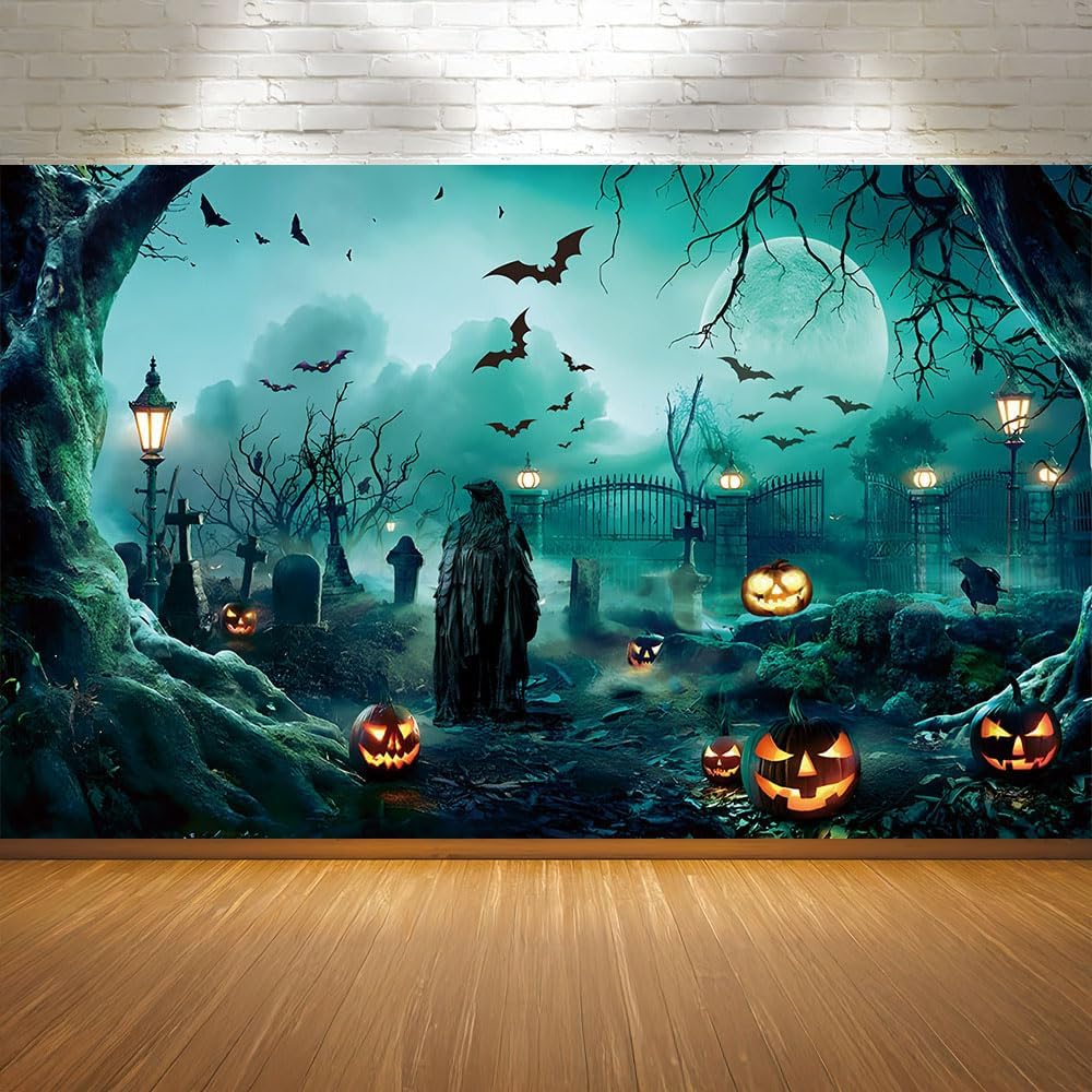 7x5FT Spooky Halloween Graveyard Backdrop Pumpkin Full Moon Party Decor — 사진 1