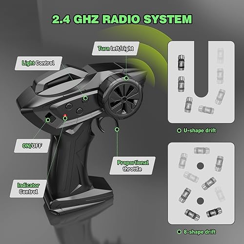 Miniatura 5 de Coche de control remoto RC Drift Car 2.4GHz escala 120 4WD 20KMH de alta velocidad con luces LED, neumático de deriva, 2 unidades, baterías