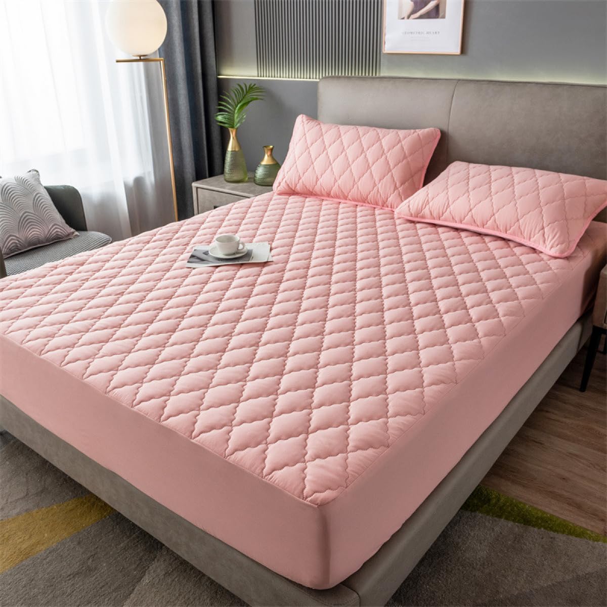 Mattress Protector Fitted Sheet Quilted Mattress Cover Thickened Waterproof Anti-slip Mattress Topper with Elastic Deep Pocket Cooling Mattress Dustproof Covers, Pink