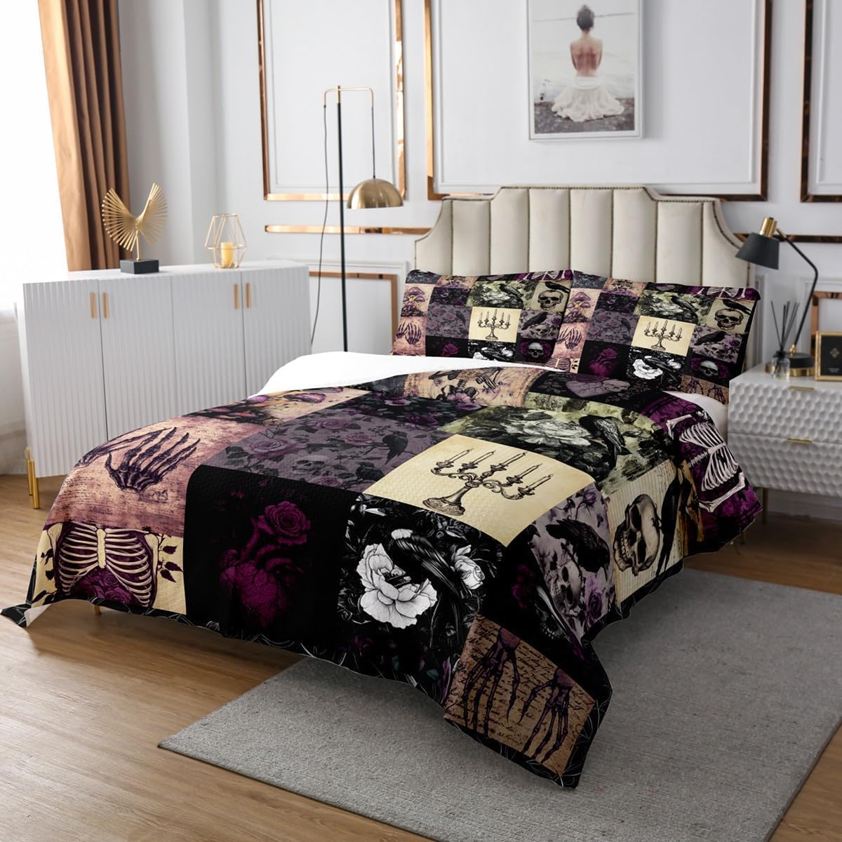 Castle Fairy Gothic Crow Bedspread Queen Size,Sugar Skull Bedding Set for Kids Girls Boys Teens Room Decor,Purple Rose Flower Mushroom Comforter Sets Vintage Black Patchwork Plaid Quilt Coverlet 3Pcs