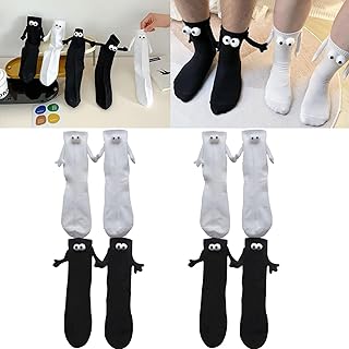 4pairs Funny Magnetic Suction 3D Doll Couple Socks, Novelty Couple Holding Hands Socks, Unisex Funny Couple Holding Hands Sock for Couple-White+Black