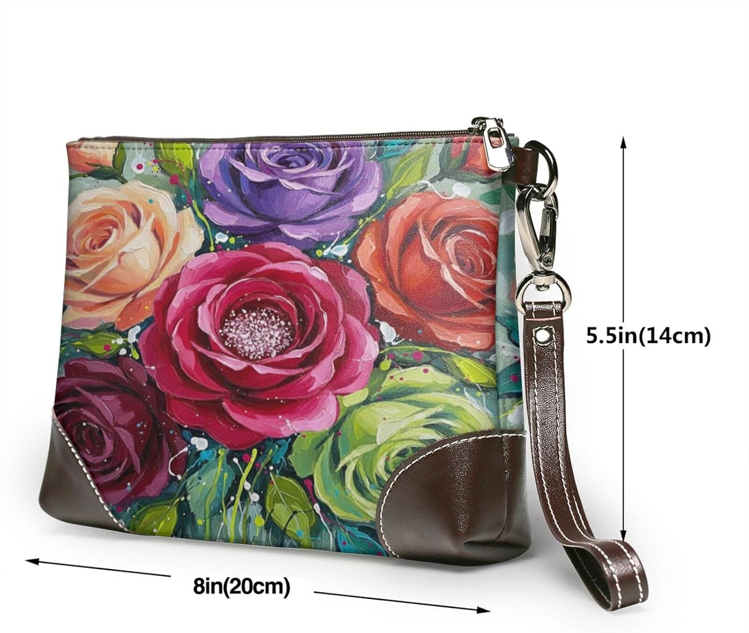 Wristlet Purses for Women, Genuine Leather Clutch Wallet Handbags | Smooth Zipper, Colorful Roses