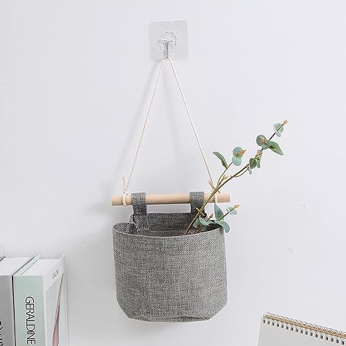 Miniatura 4 de SH-RuiDu Paquete de 3 bolsas de almacenamiento colgantes de tela de lino de algodón sobre la pared, organizador de puerta para habitación y baño