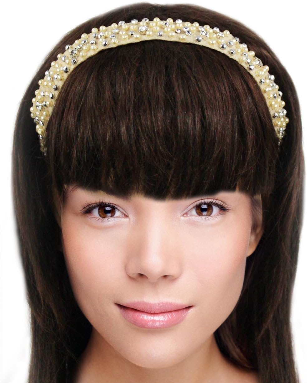 Dahlia Women's Elastic Headband - Dazzling Rhinestone Faux Pearl Bead - Cream