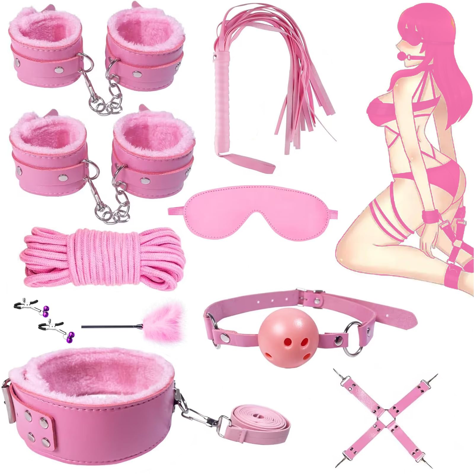 Sexo Bondage BDSM Kit Restricciones - 10 PCS Sets con Esposas Ajustable Collar Tobillera Blindfold Pluma Tickler Adultos Juegos Juguetes Sexuales para Hombres Mujeres y Parejas Foreplay | Rosa