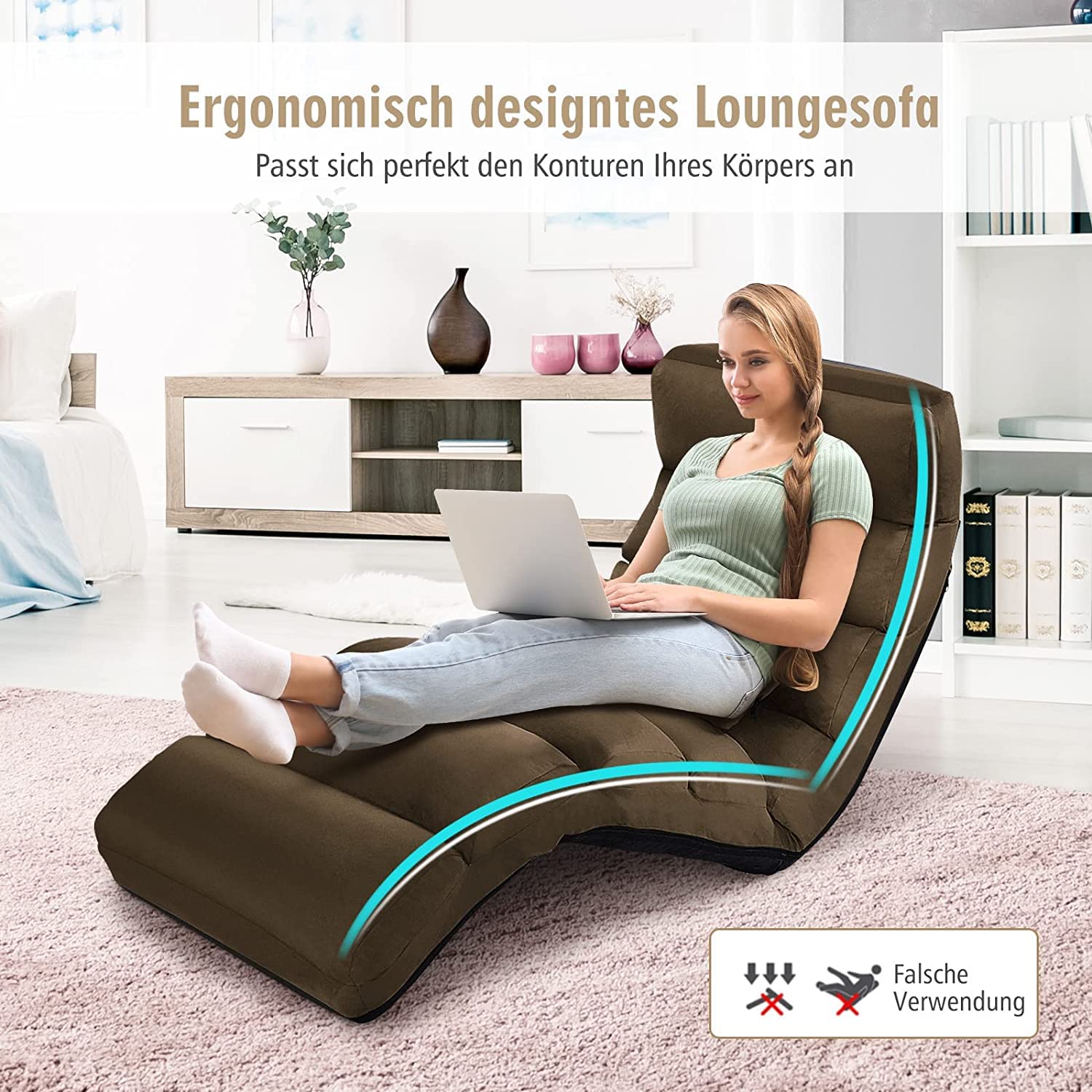 RELAX4LIFE Relaxliege, Bodenliege 5-Fach Einstellbar, Bodenstuhl Faltbar, Relaxsessel mit Kissen, Liegesessel mit Schlaffunktion, bis 120kg belastbar, Klappsessel für Schlafen & Lesen (Braun)
