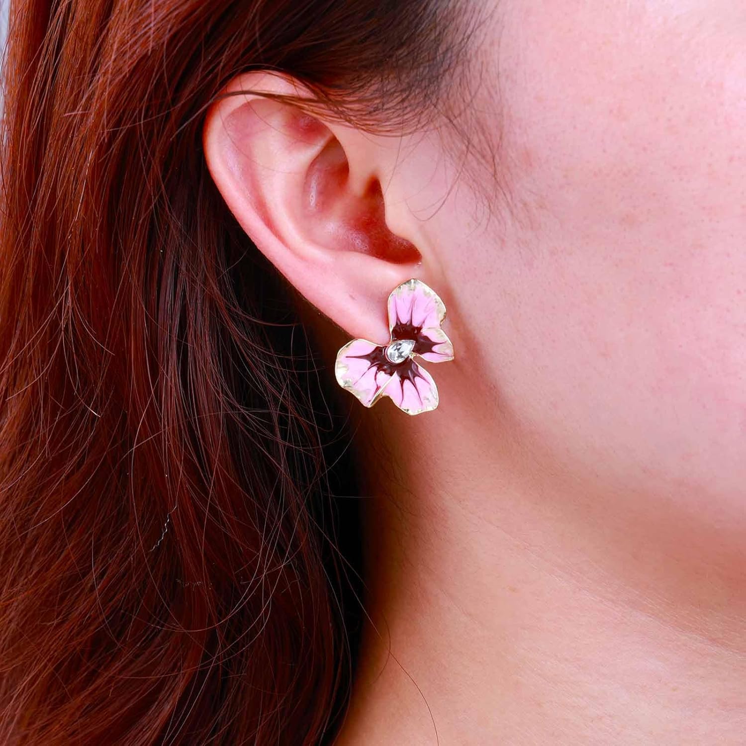 Enamel Flower Earrings Flower Crystal Stud Earrings Pink Large Floral Earrings Vintage Rhinestone Teardrop Earrings Enamel Statement Flower Earrings Jewelry for Women - Image 2