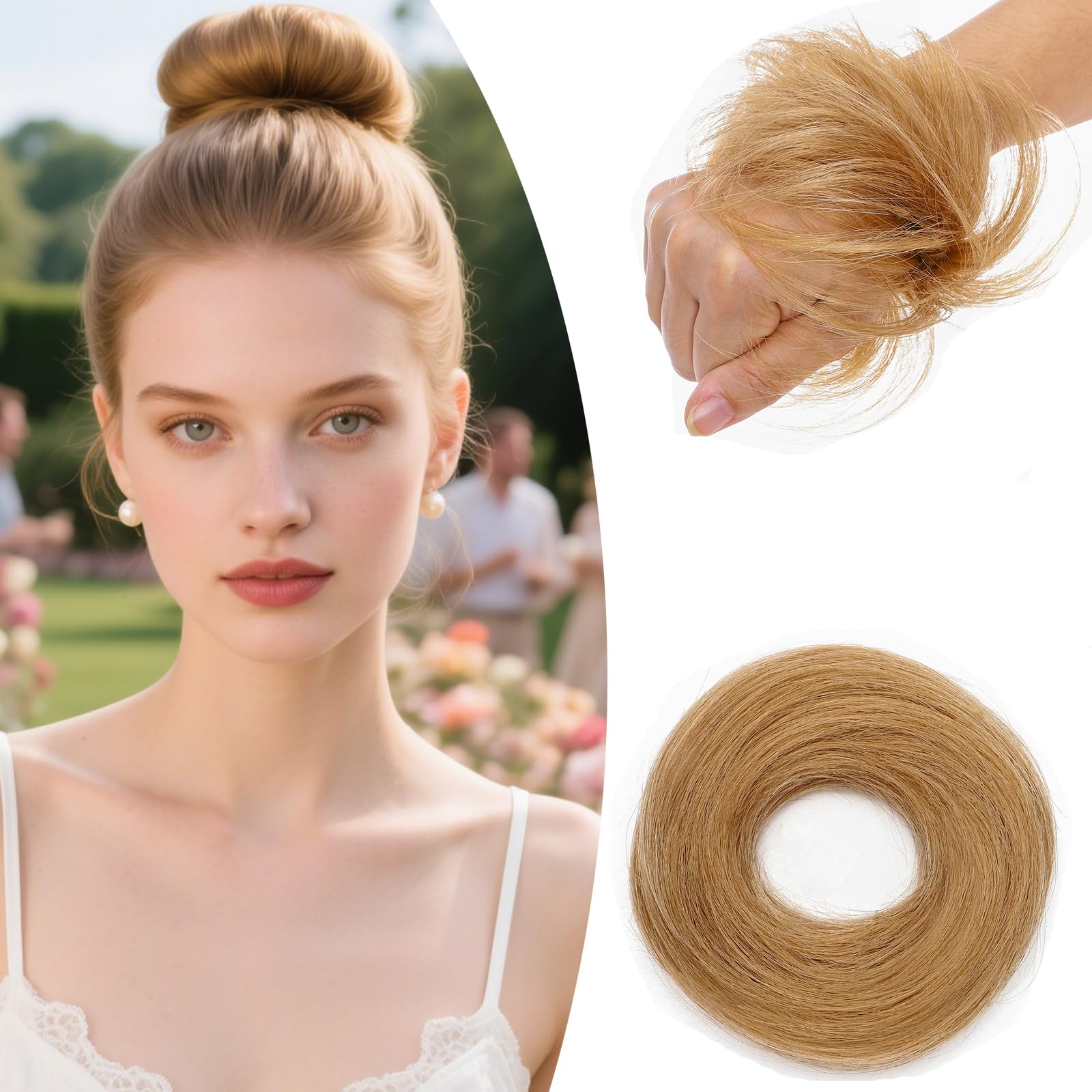 SEGO Human Hair Messy Bun Hairpieces Real Scrunchies Smoothed Updo Donut Chignon Wavy Ponytail Extensions for Women Girls,#27 Dark Blonde