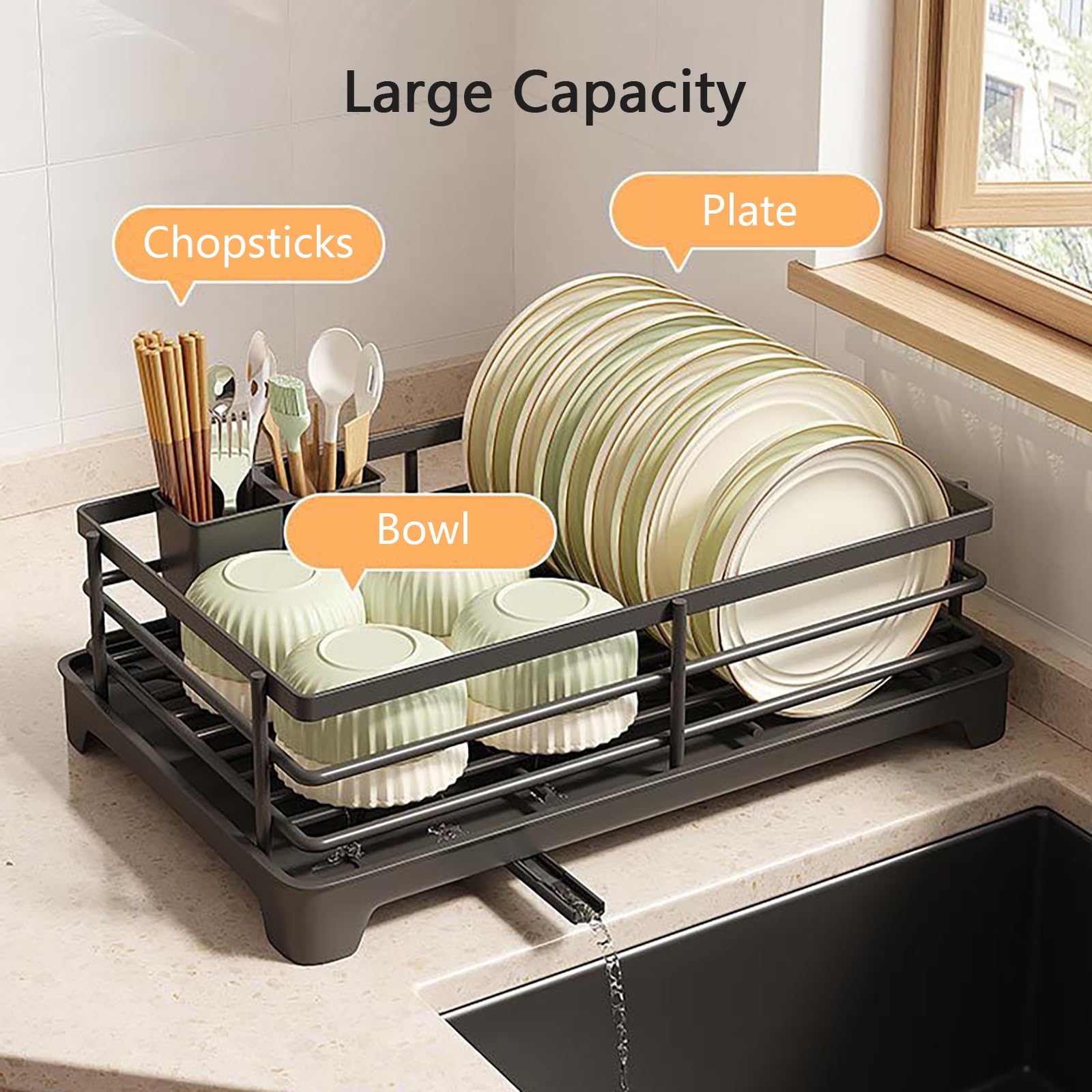 Geschirrkorb aus Eisen mit Abtropffläche und Besteckhalter, extra groß, platzsparendes Design für Küchenspülen, rostfrei und robust (Schwarz, Groß)