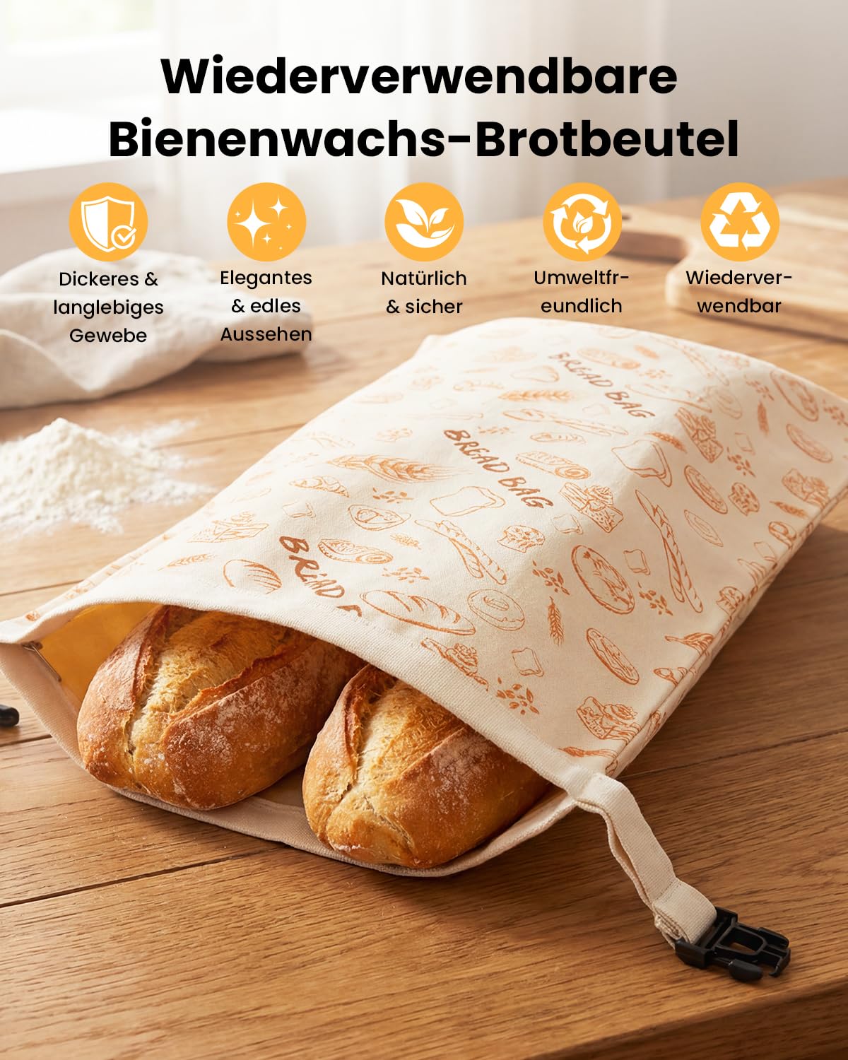 GEEKHOM Bienenwachs Brotbeutel 2 Stück Brotbeutel Leinen Wiederverwendbar für Sauerteig mit Reißverschluss 33×43 cm zur längeren Frischehaltung Waschbar