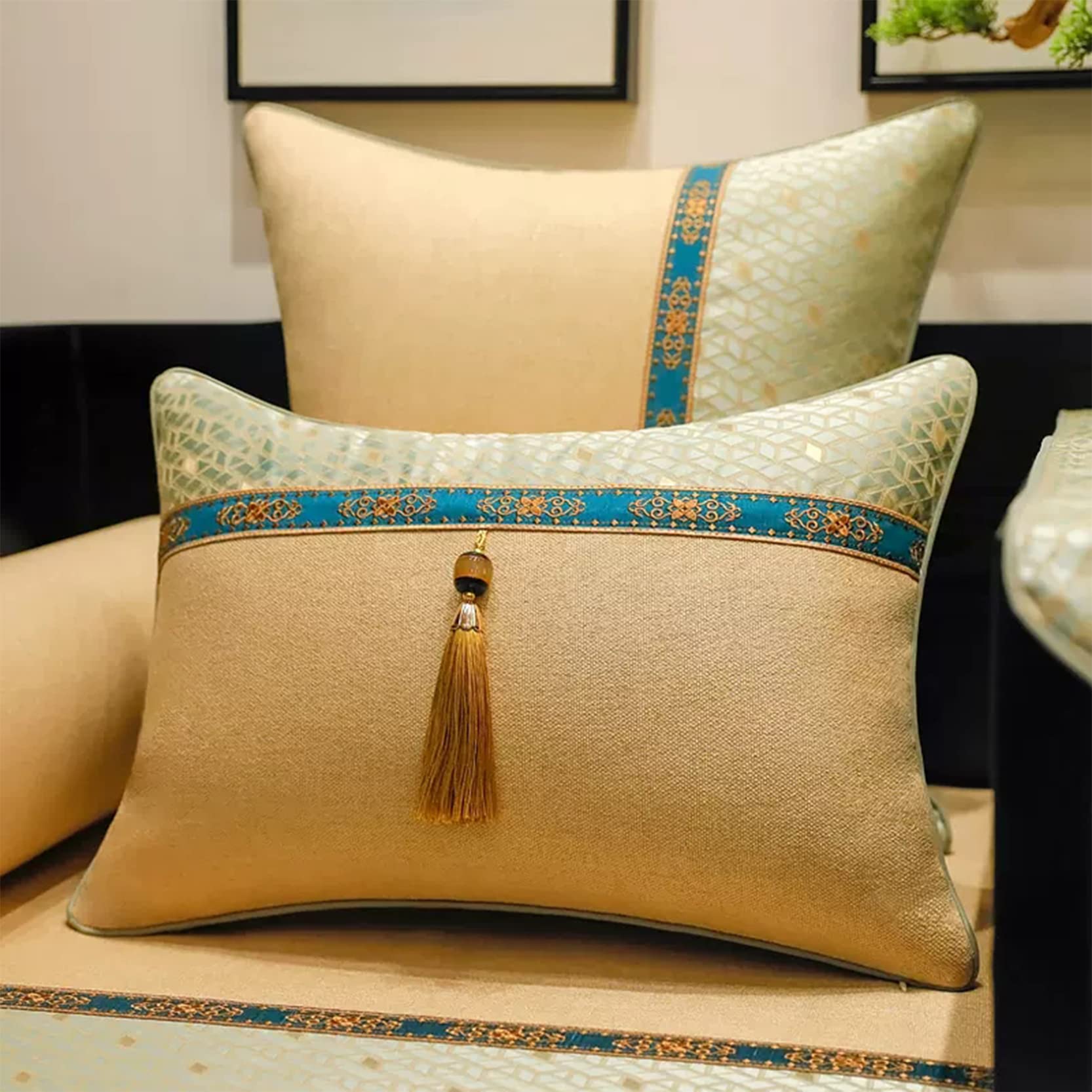Juego de 2 Fundas Decorativas para Cojines Jacquard Throw Pillow Covers Algodón Lino Rombo Square Grid Stitching Fundas de Almohada Sala de Estar Sofá Decoración,Blue A-40x60cm