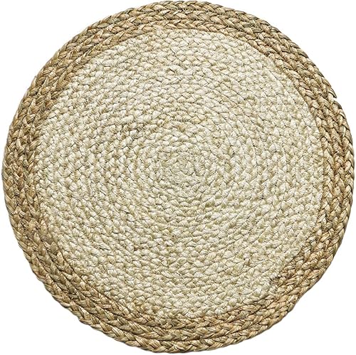 Juego de 6 manteles individuales hechos a mano de yute con borde de hoja Kora de 15 pulgadas, diseño redondo trenzado natural, rústico, vintage,