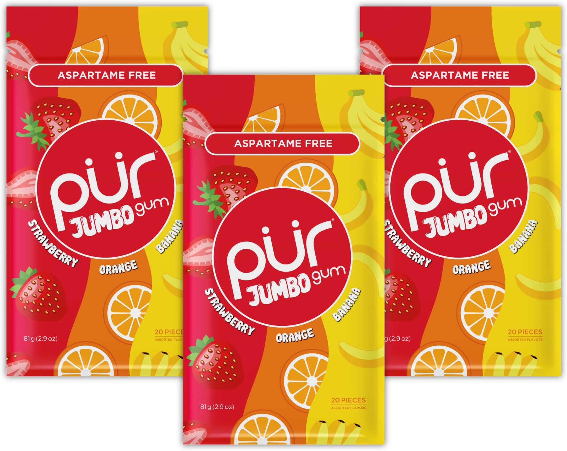 PUR Jumbo Gum | Aspartame Free Chewing Gum | 100% Xylitol | Natural Strawberry, Banana, Orange Flavor, 20 Pieces (Pack of 3)