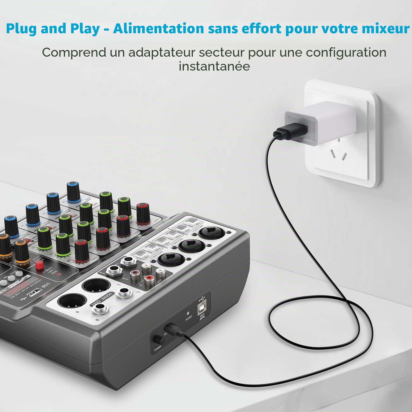 Aveek Audio Mixer, Console de mixage sonore avec 5 canaux, USB numérique, Bluetooth, Effets de Réverbération delay, Alimentation Fantôme 48V, Mixeurs DJ Stéréo pour l'enregistrement,Podcasts.Streaming