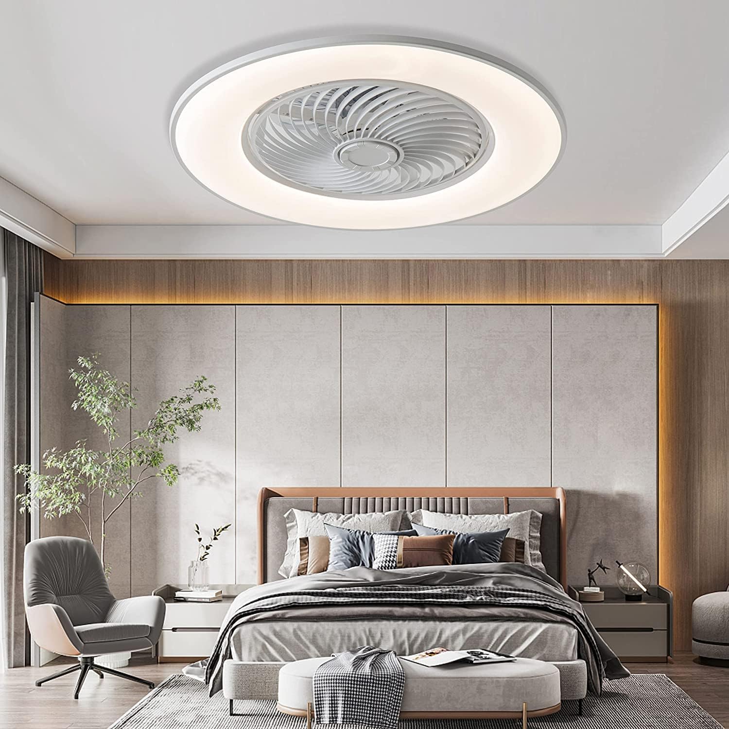 Ceiling Fan with Light Modern Bladeless Low Profile Ceiling Fan with Remote Control Smart LED Dimmable Lighting Indoor Flush Mount