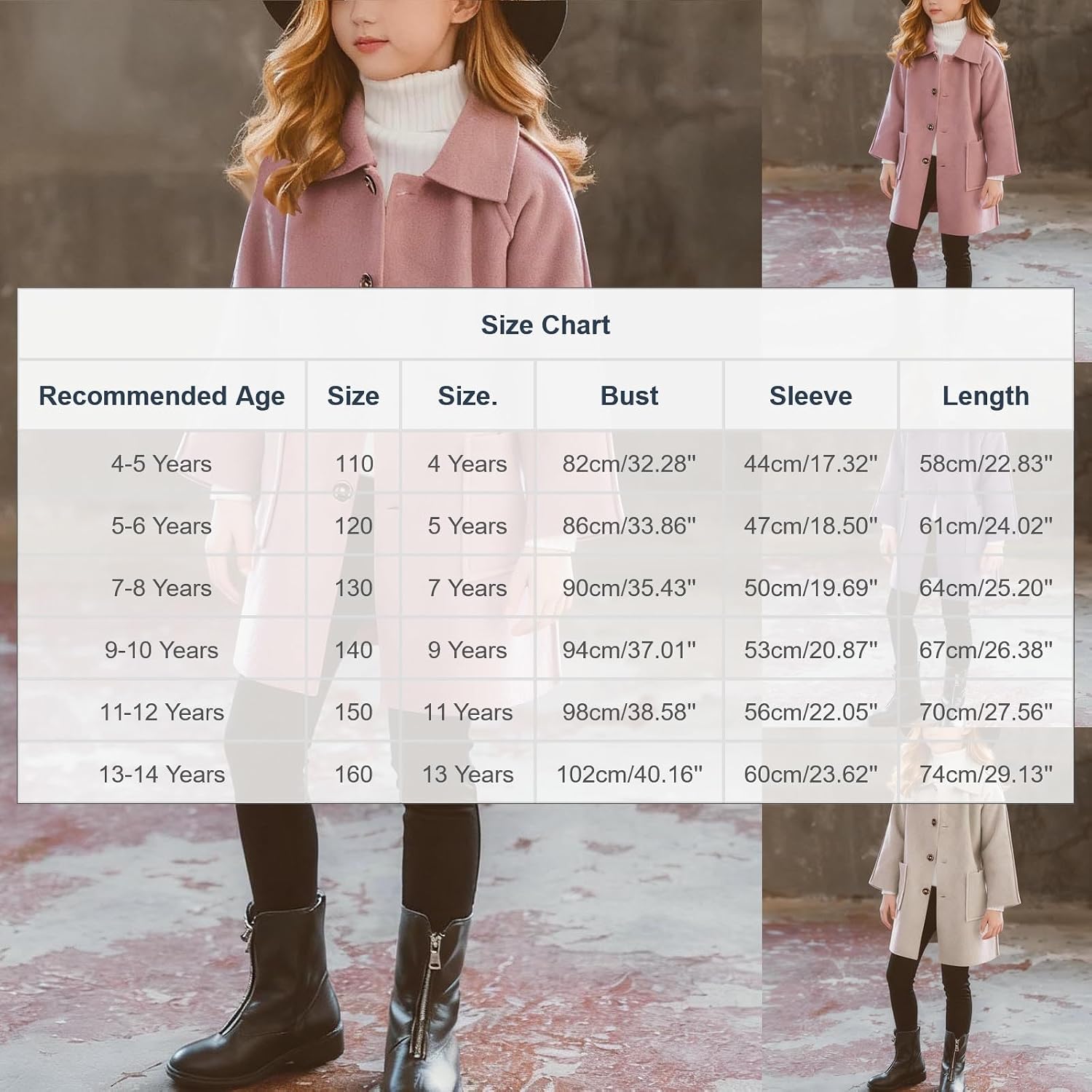 Girls Wool Trench Coat Button Down Lapel Long Sleeve Peacoats Fall Winter Casual Mid Length Woolen Coats