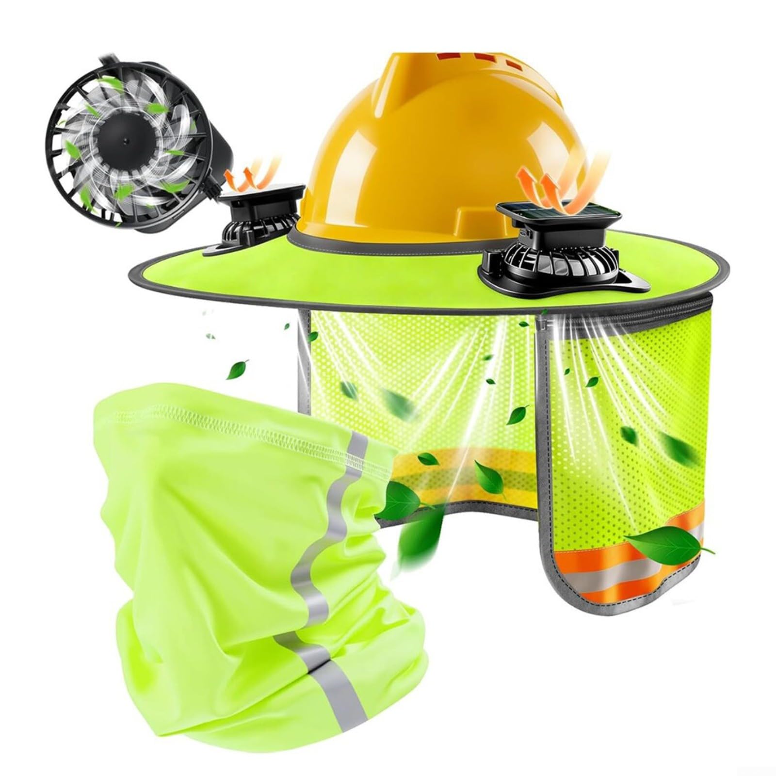 Parasol para casco duro con ventiladores solares duales, visera de ala completa con capa de malla desmontable y polaina para el cuello, accesorio de enfriamiento recargable por USB